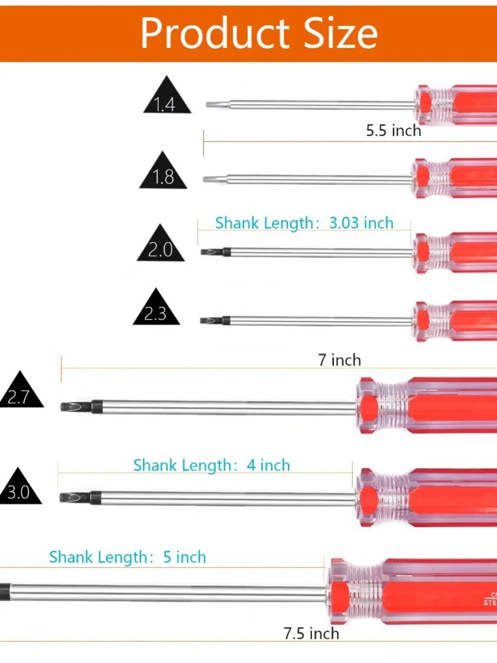 Triangle Screwdrivers Set 7 Sizes 1.4mm 1.8mm 2.0mm 2.3mm 2.7mm 3.0mm 4.2mm, SKZ